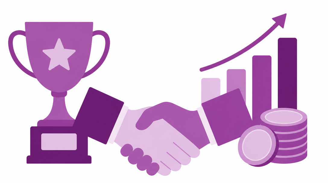Handshake with a trophy and a rising chart of coins